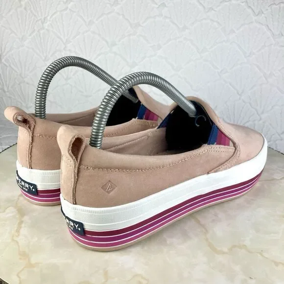 Sperry Shoes Womens 7 Pink Stripes Suede Crest Twin Gore Boat Platform Loafers - Picture 9 of 12